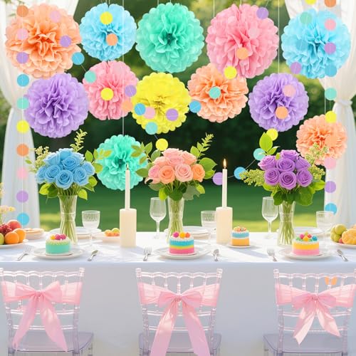 Image of KAXIXI Macaron Colored Tissue Paper Pom Poms, Pastel Paper Pom Poms Circle Garland for Easter Party, Ice Cream Party Decorations, Wedding, Birthday, Bridal Shower, Bachelorette, Baby Shower, 16PCS