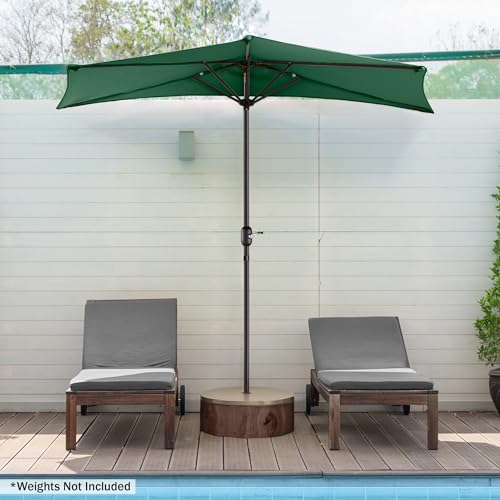 Image of Half Patio Umbrella - 9ft Outdoor Patio Canopy with Easy Hand Crank - Condo, Townhouse, or Balcony Furniture by Villacera (Forest Green)