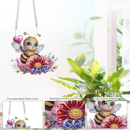 Image of AiYuanzsh Diamond Art Hanging Kits for Adults, Bee Flower Special Shaped Crystal Diamond Painting Acrylic Ornament, DIY Diamond Art Window Suncatcher Pendant for Home Wall Decor Gift