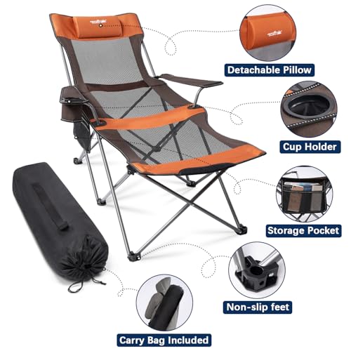 Image of apollo walker Reclining Beach Chair, Adjustable 90-135 Backrest Camping Lounge Chairs for Adults, Folding Chair with Foot Rest & Detachable Pillow - Standard 6-Leg, Orange