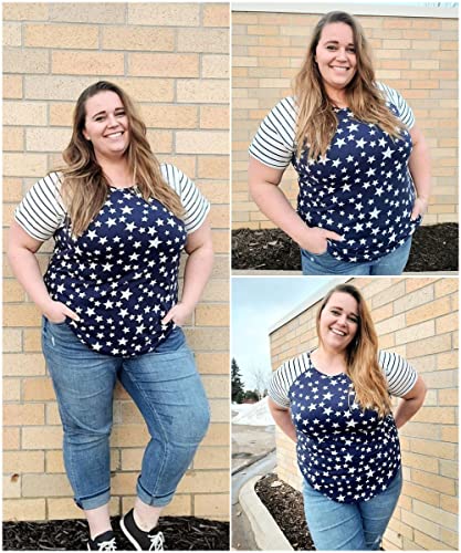 Image of CARCOS Plus Size Tops for Women Short Sleeve Raglan Striped Tee Color Block Crewneck /V Neck Tunic Loose Fit Summer XL-5XL