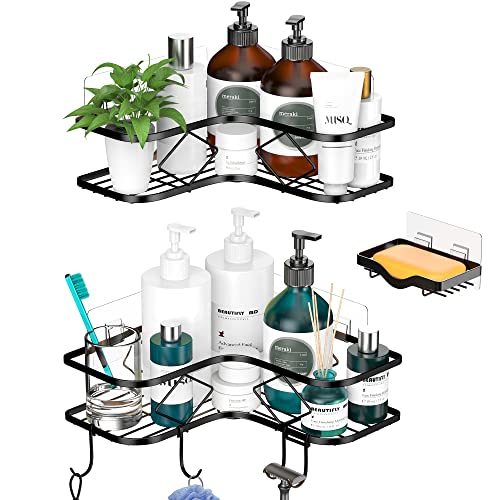 Kadolina 2 Pack Adhesive Corner Shower Caddy Shelf With Soap Holder, Shower Corner Organizer Shelves, No Drilling Rustproof Shower Storage Rack Basket Shampoo Holder Organizer (Black) #TOP1