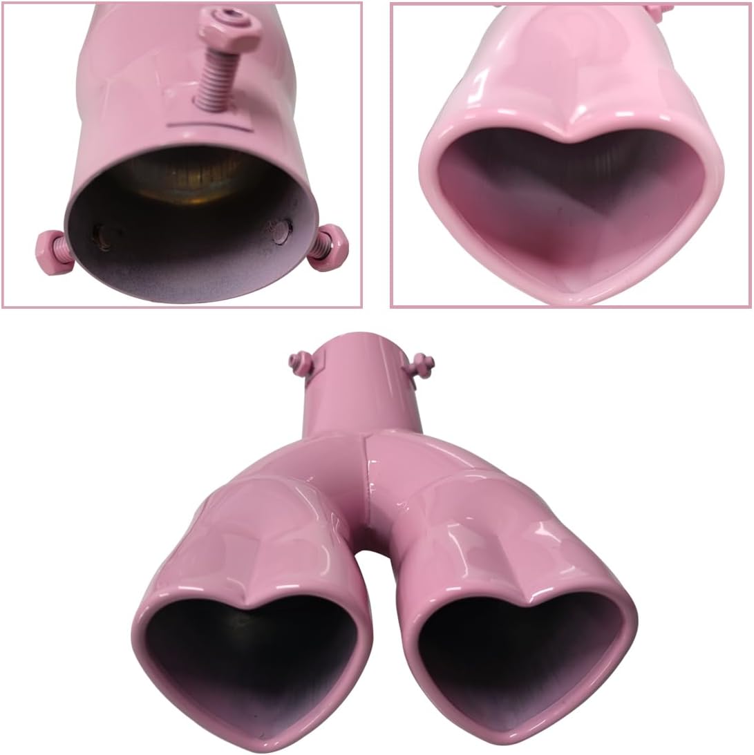 Dual Exhaust Tip 2.5 inch Inlet, Universal Car Exhaust Pipe Modification Tail Throat Tail Pipe Stainless Steel Muffler Tip, Adjustable Heart Shaped Car Decoration (Curved,Pink)