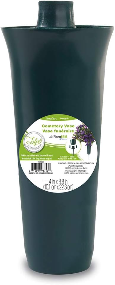 FloraCraft Plastic Cemetery Vase with FloraFōM and Removable Spike 4 Inch x 8.8 Inch Green