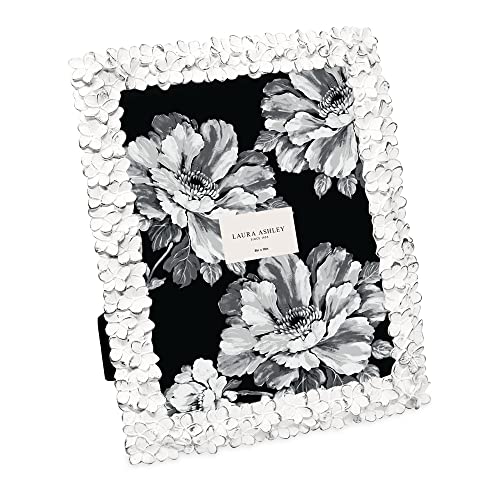 Image of Laura Ashley 8x10 White & SIlver Flower Textured Hand-Crafted Resin Picture Frame w /Easel & Hook for Tabletop & Wall Display, Decorative Floral Design Home Decor, Art (8x10, White /Silver)