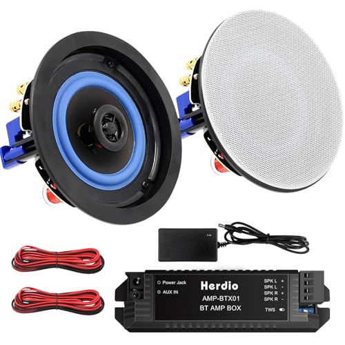 Herdio 4 Pouces 160 Watts Haut-Parleur de Plafond de Salle de Bain, Enceintes Plafond Bluetooth à 2 Voies pour, Cuisine, Chambre, terrasse Couverte(2 Haut-parleurs)
