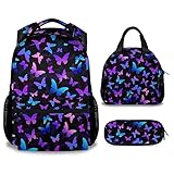 GIHSWE Butterfly Backpack with Lunch Box, Set of 3 School Backpacks Matching Combo, Cute Lightweight Bookbag and Pencil Case Bundle