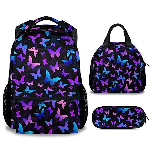 GIHSWE Mochila Borboleta com Lancheira, Conjunto de 3 Mochilas Escolares Combinando, Linda Mochila Leve e Estojo de Lápis