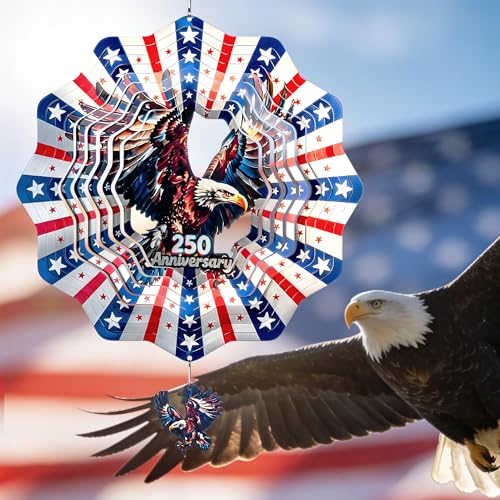 SUNCKET 250th Anniversary American Eagle Flag Wind Spinner 12 Inch Stainless Steel Outdoor Garden Decor with 3D American Flag Design Hanging Yard Art for Patio & Indoor Use Gifts for Men Dad