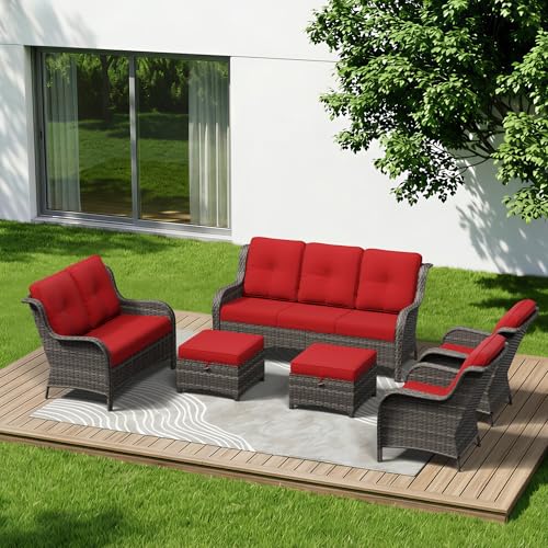 Image of 6 Piece Outdoor Wicker Patio Furniture Set, Patio Chairs Set with Thickened Olefin Cushions, High Back and Deep Seating, Hand-Woven PE Rattan, Ottoman for Porch, Deck