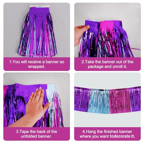 Image of BEISHIDA 3 Packs Metallic Foil Fringe Garland Blue Purple Pink Wall Hanging Tinsel Fringe Banners for Car Floats Bridal Shower Wedding Birthday Easter Graduation Holiday Party Decoration(30 Feet)
