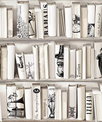 Papier peint crème beige imitation bibliothèque - Encyclopédie française vintage rétro YöL
