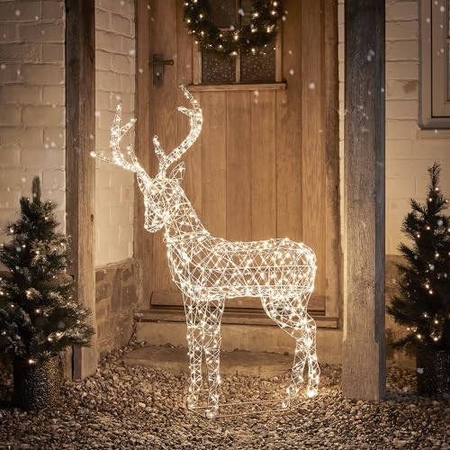 Lights4fun 3-in-1 Duchy LED Rattan Rentier Hirsch Figur 120cm Timer...