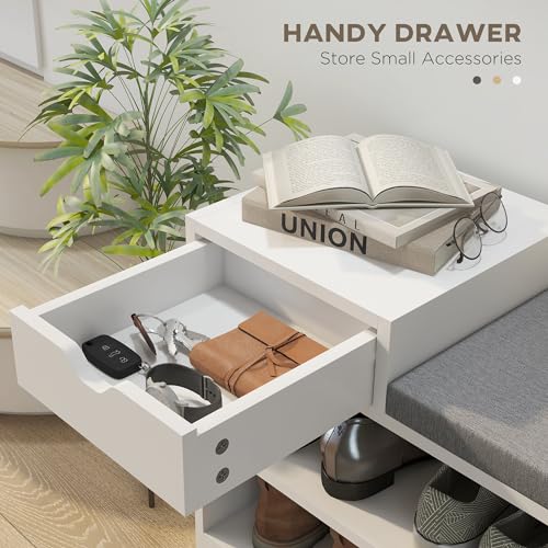 HOMCOM Shoe Storage Bench, Shoe Rack Bench with Seating Cushion, Drawer, 3 Open Compartments and Table Top for Entryway, Hallway, White - Cosy Home Interiors HOMCOM Shoe Storage Bench, Shoe Rack Bench with Seating Cushion, Drawer, 3 Open Compartments and Table Top for Entryway, Hallway, White - Image 5