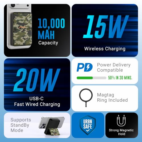 Image of URBN 10000 mAh Stand Magsafe Power Bank with Foldable Stand | 15W Fast Wireless Charging |Strong Magnetic Hold | Type C Input /Output | Pass Through Charging | MagTag Ring Included | (Black Camo)