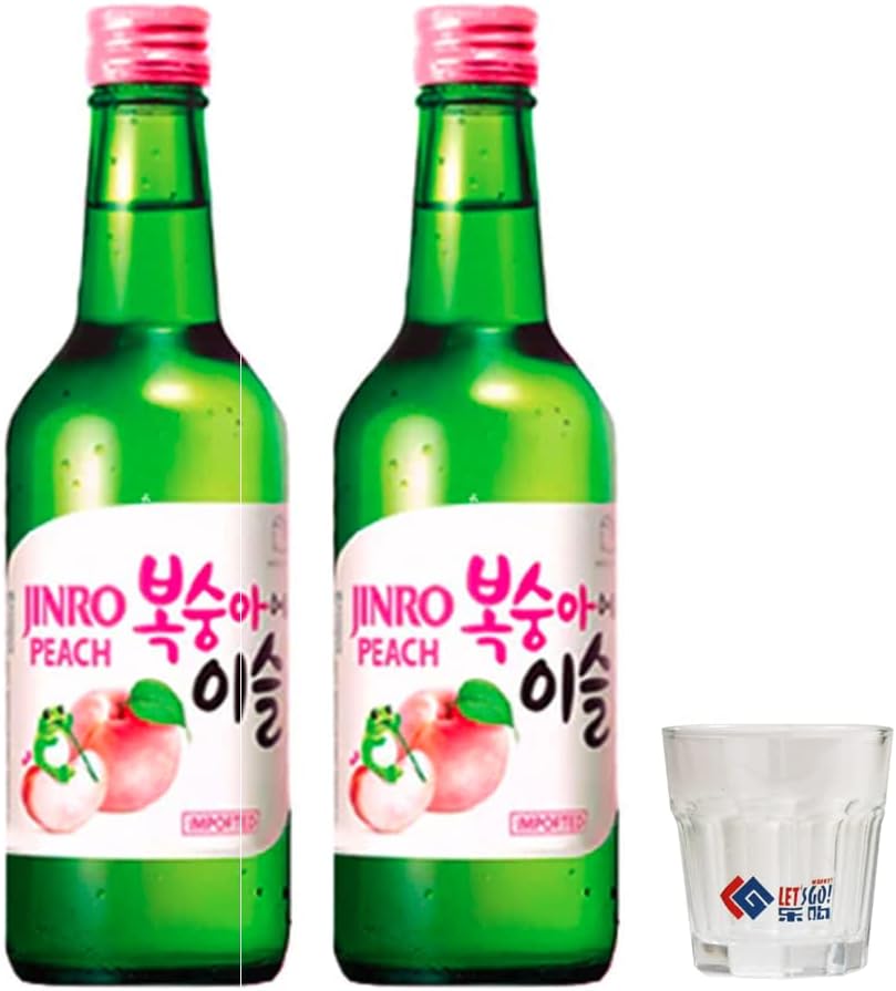 Jinro Chamisul Soju - Peach Flavour 350ml 13% Alc./Vol (Twin Pack + Soju Glass)