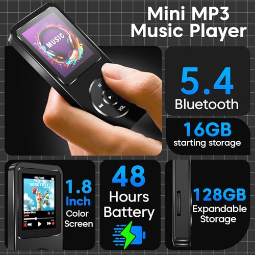 Image of Sounce 16GB Mini MP3 Music Player with Bluetooth 5.4, HiFi Lossless Sound, Video Playback, Voice Recorder, FM Radio, E-Book Reader, and Loudspeaker | Expandable up to 128GB (Black)