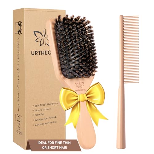 URTHEONE Soft Boar Bristle Hair Brush and Wide Tooth Comb Set | Detangle & Smooth for Ultimate Shine, Frizz Control & Slick Back Styles, Beechwood Base