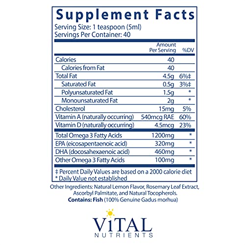 Vital Nutrients - Ultra Pure Cod Liver Oil 1025 (Pharmaceutical Grade) - 100% Pure Norwegian Cod Liver Oil - 200 Ml Per Bottle #TOP1