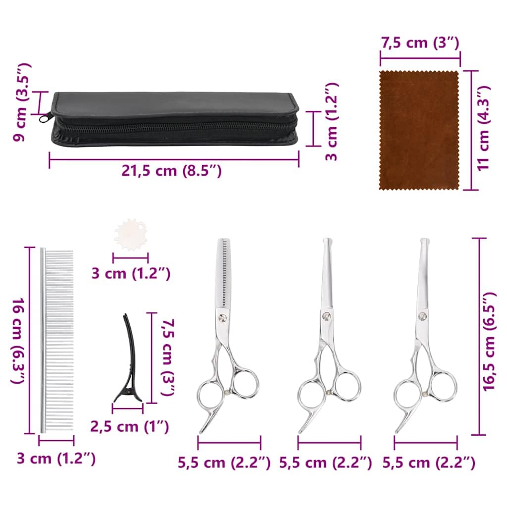 Juego de 7 tijeras para perros de acero inoxidable con peine, pinzas para el pelo y estuche para el cuidado de las patas, cara, orejas, para perros, gatos y cachorros, resistentes al óxido