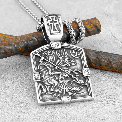 LOBON Christian Necklace Stainless Steel Saint George Pendant for Men Women Religious Talisman Necklace Jewelry (2.8 x 1.6 in, 2.58 oz)4