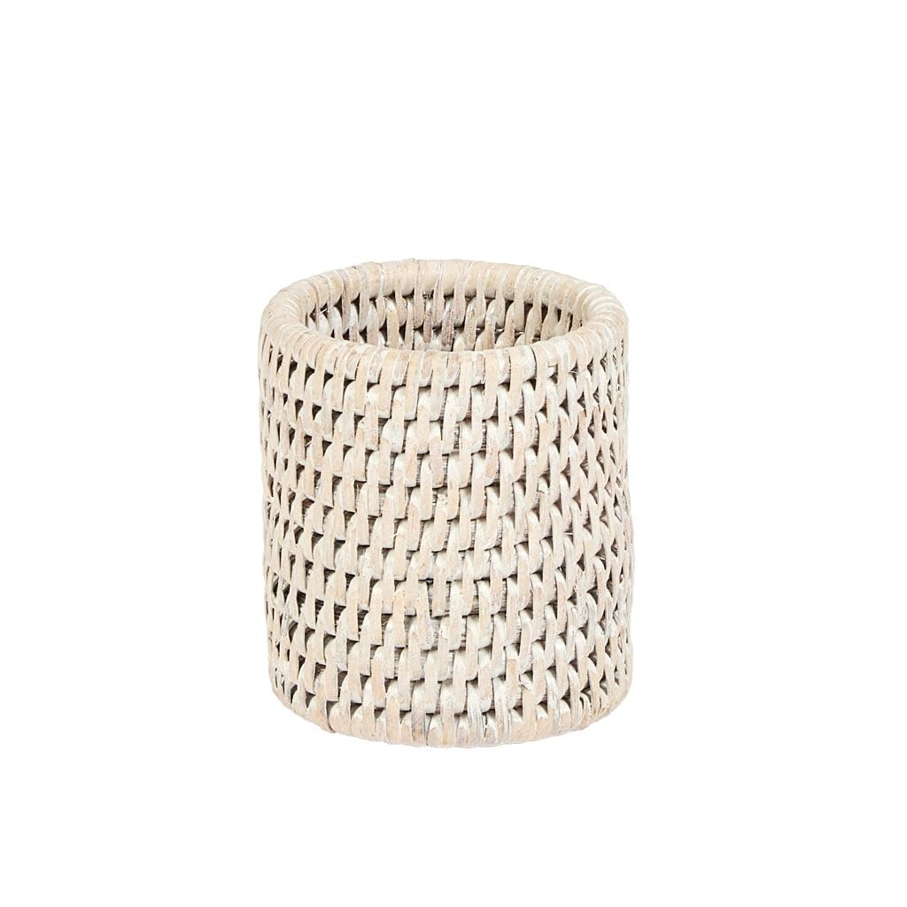 Rattan Pen Pot Desk Tidy Rattan Home Office Stationery Organiser (White)