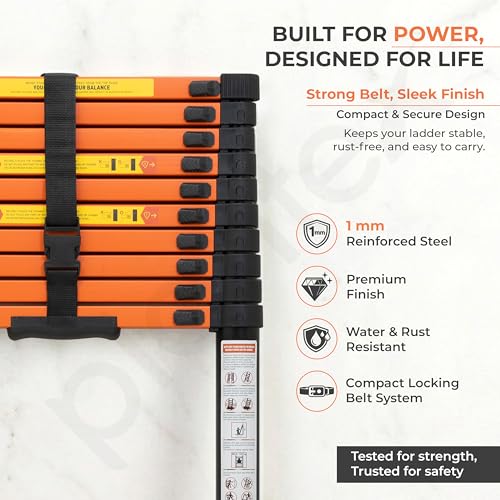 Image of Plantex 4.3m (14.10 ft.) Telescopic Ladder /Carbon Steel 11-Steps Portable & Compact Ladder /Foldable Multipurpose Collapsible Ladder for Home & Outdoor Use - (Orange)