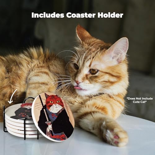 Image of Cat Tea Coasters Ninja Edition - Anime Cat Decor - Set of 6 Drink Wood Coasters with Holder Black