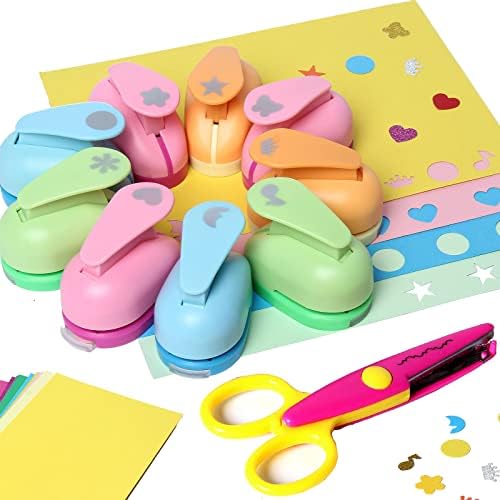 PRENDI 9 Pieces Craft Hole Punch Handmade Paper Punch Set with 20 Pieces Cardstock Paper 1 Piece Craft Paper Scissor for DIY Arts Crafting Scrapbooking (2.48 x 0.55 x 1.92 inch, Type A)