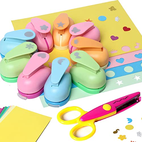 Prendi 9 Pieces Craft Hole Punch Handmade Paper Punch Set With 20 Pieces Cardstock Paper 1 Piece Craft Paper Scissor For Diy Arts Crafting Scrapbooking (2.48 X 0.55 X 1.92 Inch, Type A) #TOP2