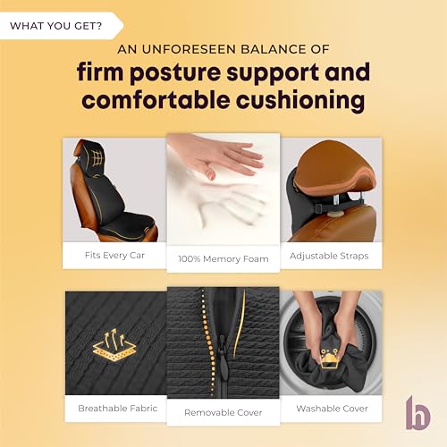 Image of betterhood PosturePro Premium Car Seat Cushions Combo (Black)| Lumbar Support, Neck Rest, Seat Cushion for Driving Seat | Memory Foam, Cotton Cover | Ergonomic Car Cushions Pillows