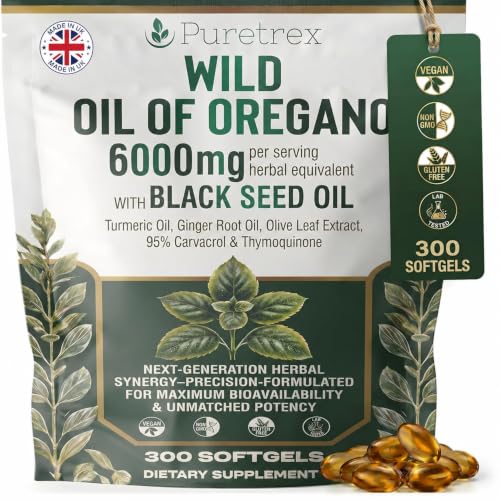 PURETREX Wild Oil of Oregano with Black Seed Oil 300 Softgels Oregano Oil Supplement with Turmeric Ginger Olive Leaf MCT Oil & Black Pepper Extract Vegan Non GMO Made in UK