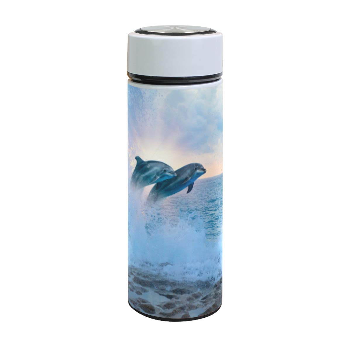 SLHFPX Insulated Water Bottle Ocean Wave Dolphin Stainless Steel Vacuum Thermos Cup Leak Proof Metal Insulated Travel Coffee Mug Sports Flask 17 oz for Women Men Kids Boys Girls