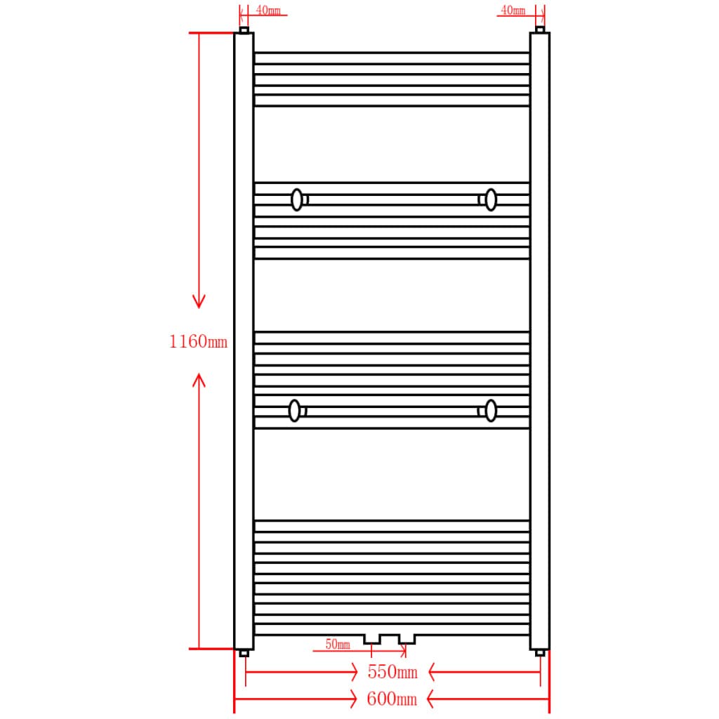 Grzejnik na ręczniki, ciepła woda, prosty, szary, ze stali, 600 x 1160 mm, z 18 rurami poprzecznymi, moc grzewcza 531 W, energooszczędny do łazienki, salonu, biura, wnętrz