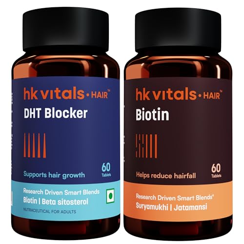 Image of hk vitals Biotin & DHT Blocker (60 Tablets each) Combo Pack| Supplement for Hair Growth, Strong Hair and Glowing Skin