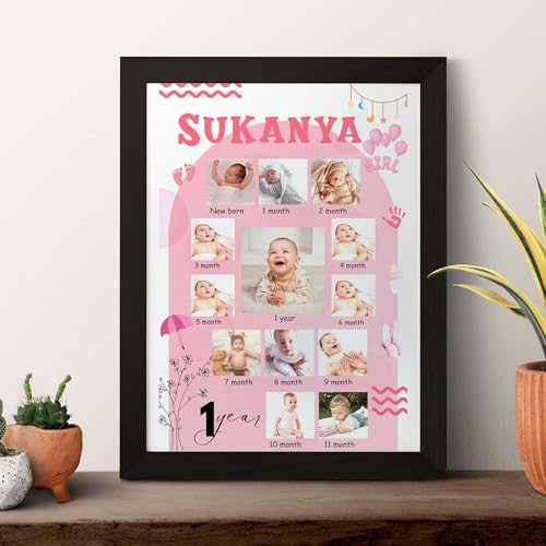 Image of ASHVAH One Year Personalized Photo Frame 12 Months Baby Girl 01st Birthday 12 Images With Texts Best Gift (BABY 12 MONTH) - A3 Size