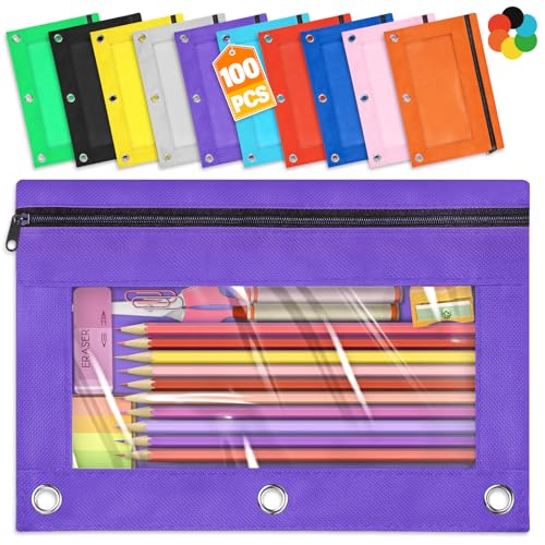 Pencil Pouch for 3 Ring Binder, 100 Packs Zipper Pencil Pouch Bulk in 10 Colors, Pencil Case for Binder with Clear Window for School, Home and Office