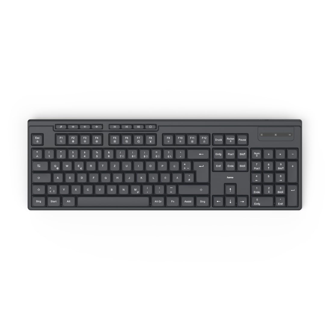 Hama Tastiera wireless WK-​200 (tastiera wireless, con batterie, sensazione di digitazione ergonomica, tasti silenziosi, ricevitore USB impilabile, pulsanti multimediali, blocco numero, layout QWERTZ