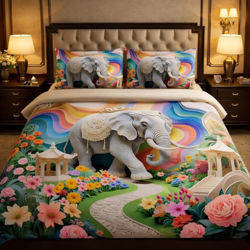 Image of 7D Real Look Kids Digital Printed Double Flat Bedsheet 90x100 Inch with 2 Large Pillow Covers 19x29 Inch, Soft & Colorful Real 7D Look Design (Big Elephant)