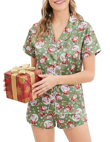 Ekouaer Womens Silky Satin Pajamas Short Sleeve Sleepwear Soft Button Down Loungewear 2 Piece PJS Shorts Set Green Christmas Snowman Large