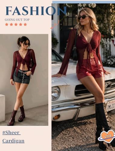 Image of Avidlove Women Mesh Crop Top Y2K Tie Front Tops Rave Top Sheer Cardigan