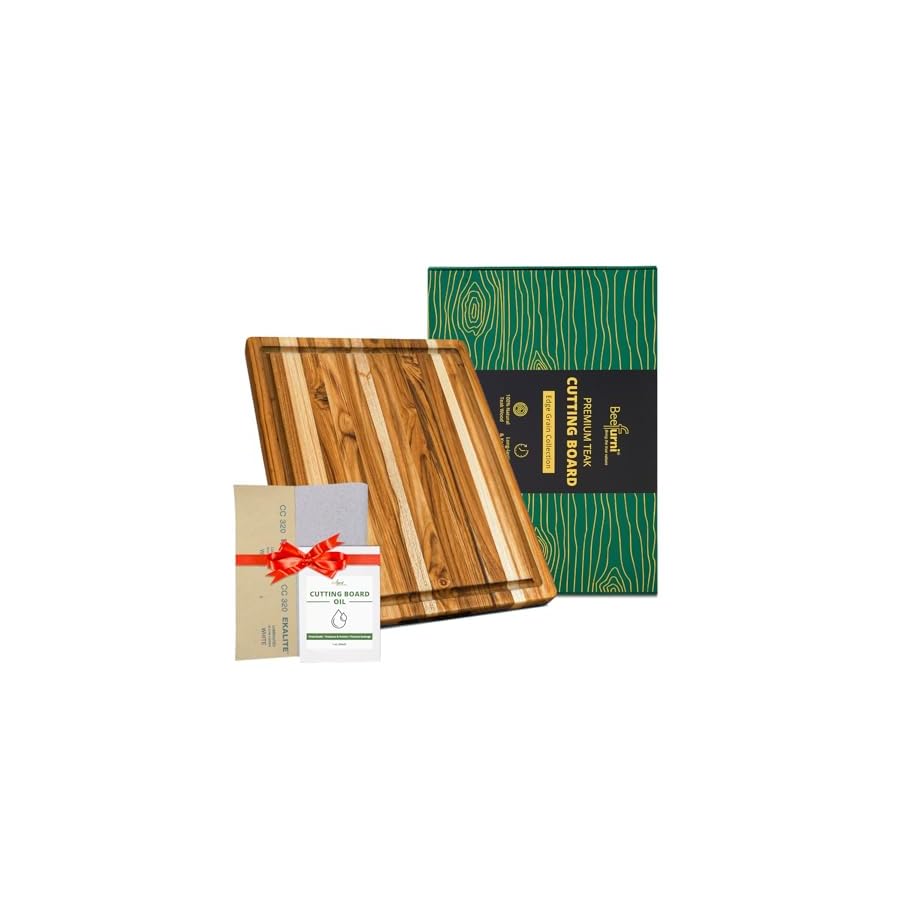 BEEFURNI Teak Wood Cutting Board with Juice Groove Hand Grip (S, 18x14x1"), Wooden Cutting Boards for Kitchen, Butcher Block, Charcuterie Boards, Christmas Gifts, 1-year Manufacturer Warranty