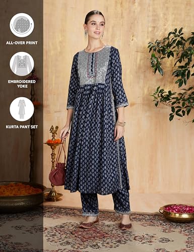 Image of Amazon Brand - Myx Women's Embroidered Kurta and Pant Set in Rayon (Available in Plus Sizes)