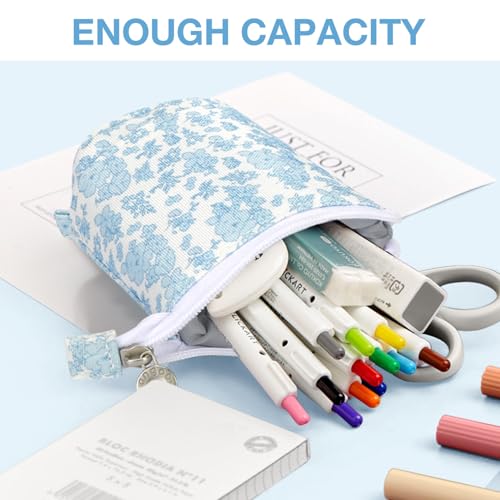 Image of Cute Standing Pencil Case Pen Holder for Kids, Pop Up Stand UP Bubble Tea Pen Organizer Kawaii Stationary for Christmas Holiday New Year Office (Blue flowers)