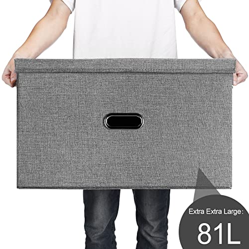 Image of Large Linen Fabric Foldable Storage Bins with Removable Lid and Handles, Washable Storage Box Organizer Containers Baskets Cube with Cover for Bedroom,Office(Pink, XXL(2-Pack))