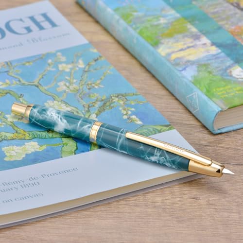 Image of Jinhao 10 Press Fountain Pen with Box, Marble Blue Retractable Extra Fine Nib with Ink Converter Set (Golden Clip)