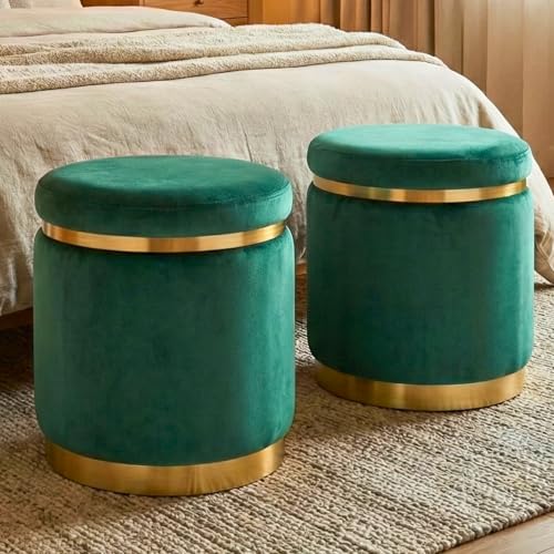 Image of Decorative Ottoman Pouffes for Sitting - Two-Piece Set of Puffy Stools and Footstools - Round Ottoman Stool for Living Room Furniture (Green)
