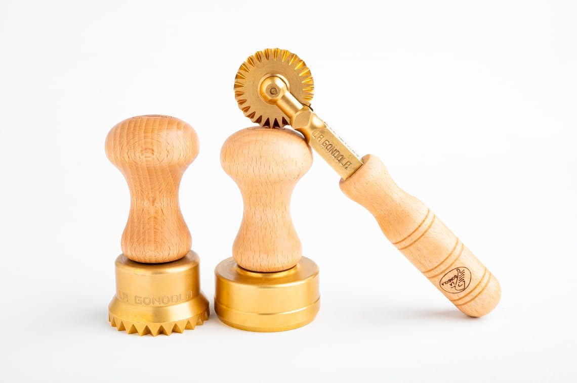 La Gondola Set of 3 Pasta Tools - Round Corzetti (Corsets) & Round Festooned 1.97in Ravioli Stamps & Pasta Cutter Festooned Wheel | Brass & Natural Wood | Easy to Use | Ravioli Cutters Made in Italy