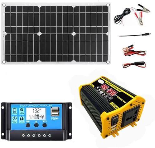 4000W Solar Inverter Kit, 12V DC to 110V/220V AC, 18W Solar Panel, 30A PWM Controller, Dual USB Ports, AC Outlet, Portable for RV & Camping - Black, 12V-110V