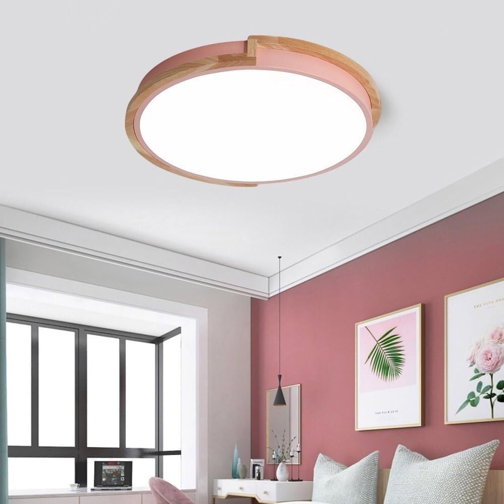 Nordic Style Wood Ceiling Lamp, LED Stepless Dimming Flush Mount Ceiling Lights, with Remote Control, Acrylic Face Mask Lighting Fixtures, for Bedroom, Living Room, Kitchen ﻿ ﻿ ﻿ ﻿ ﻿(Pink,40CM)
